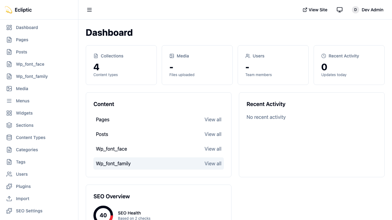 EmDash admin dashboard
